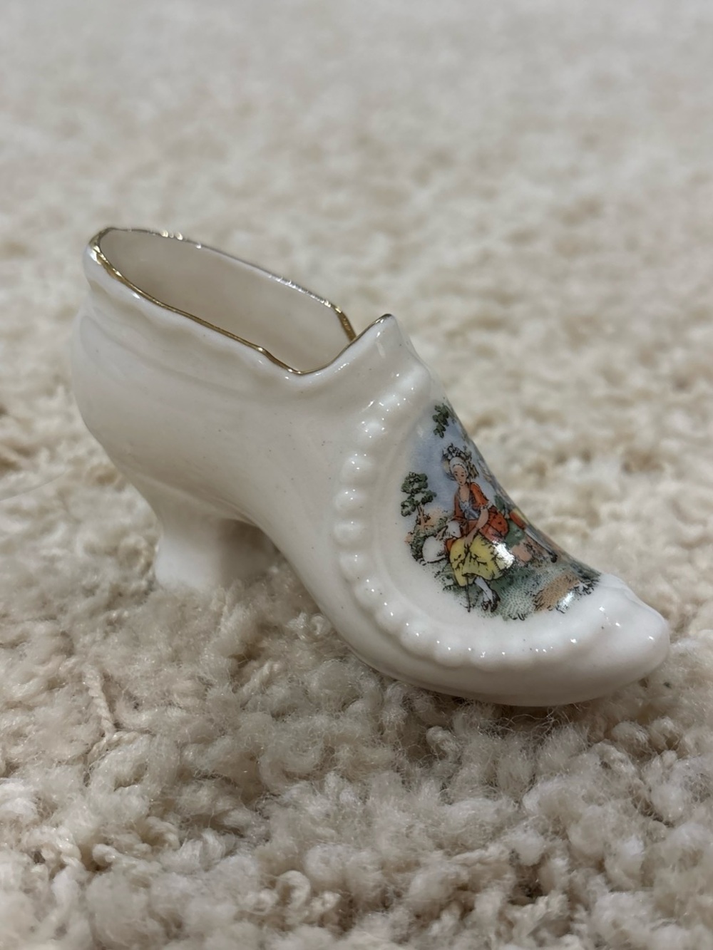 Vintage Victorian 1930s Antique Porcelain Shoe Figurine Decorative Lady Scene 4”